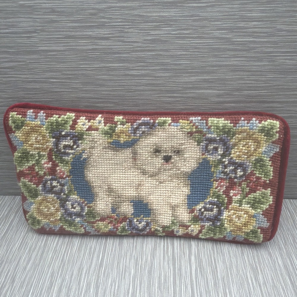 Charles Keath Bichon Needlepoint Eyeglass Case Dog Glasses Sleeve Wool Vintage